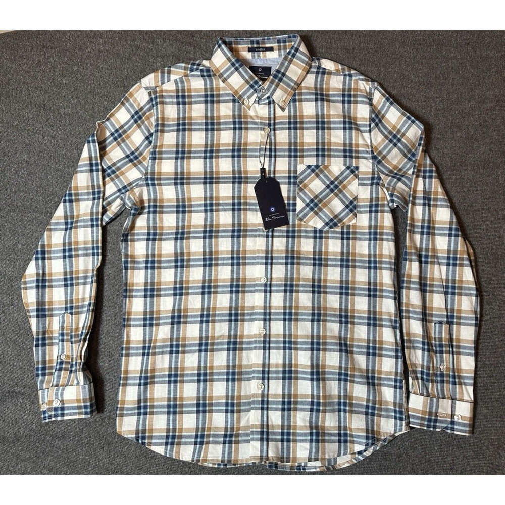 Ben Sherman Shirt Mens Medium Blue Tan Plaid Button Long Sleeve Pocket Fall NWT